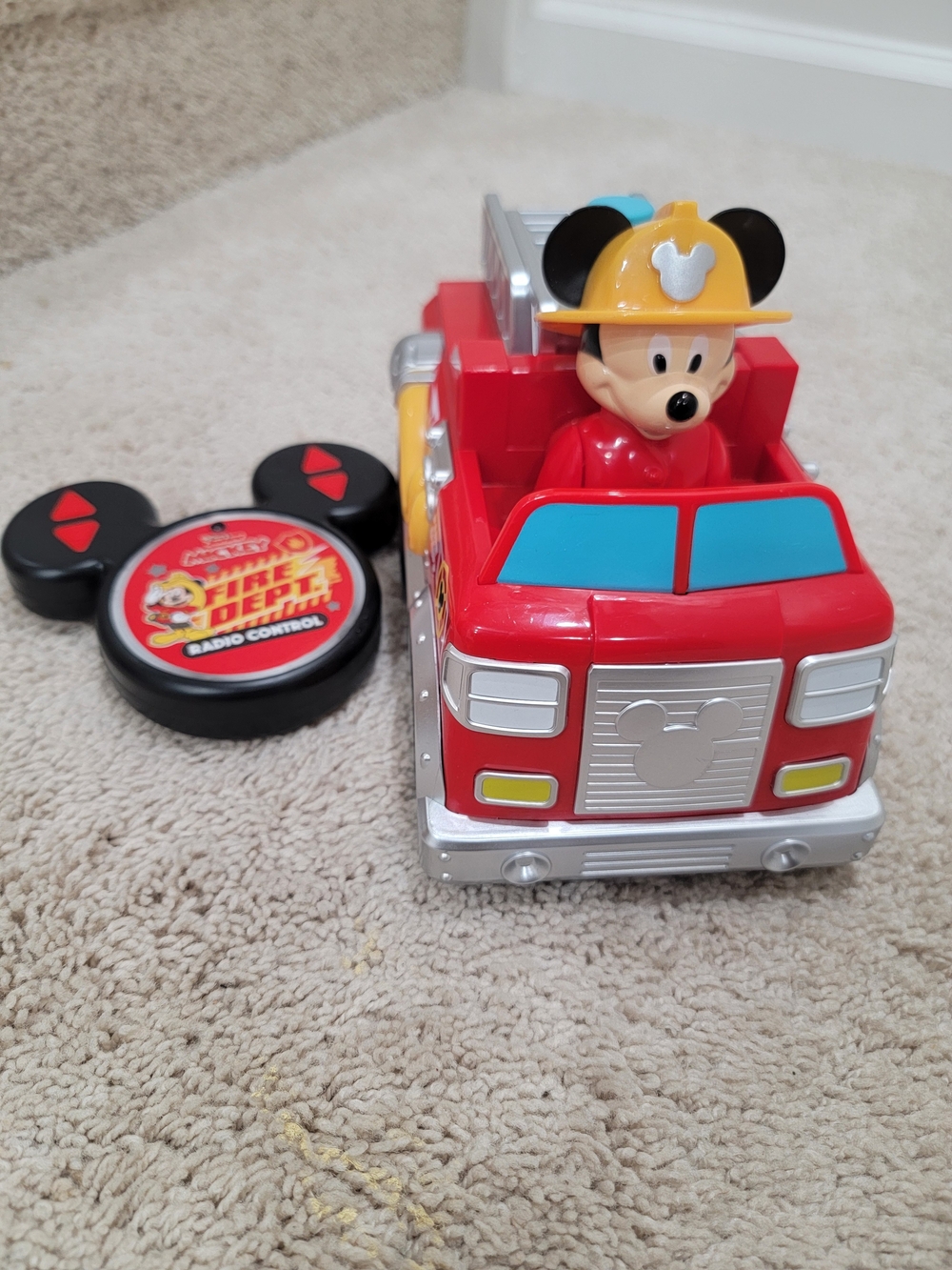 Disney Red and Blue Mickey Mouse Fire Truck with Yellow Helmet Figure